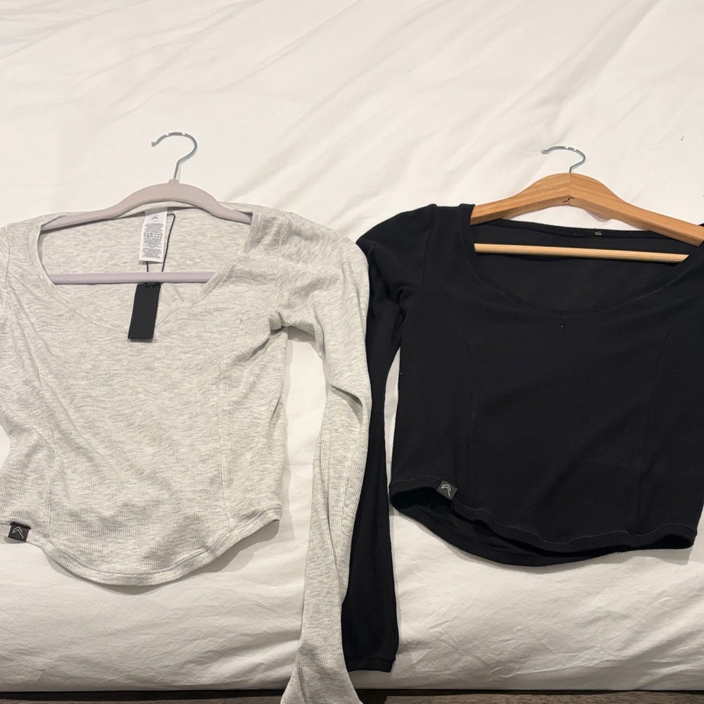 Oner active mellow rib vneck mid long sleeve top small black and light grey marl